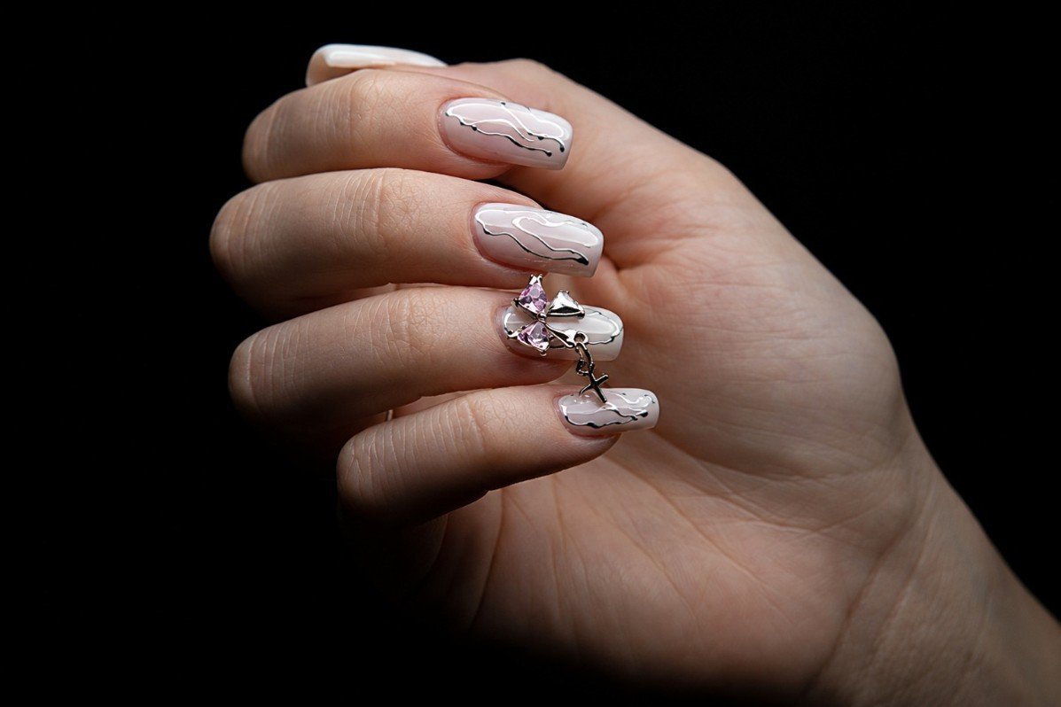 White Hybrid Nails With Bow