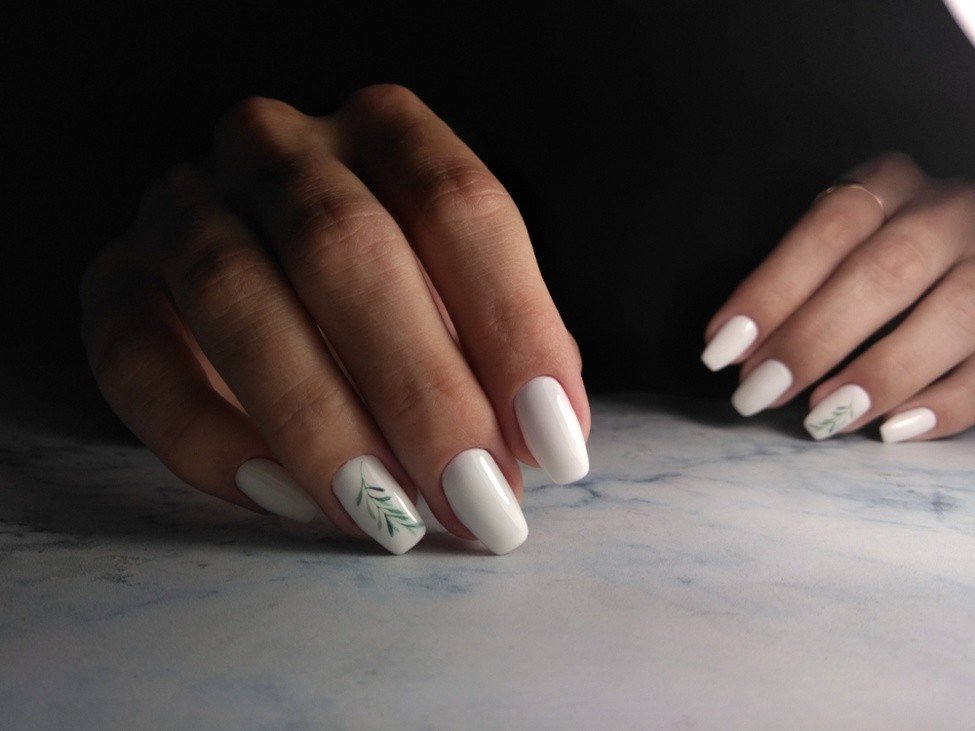 green leafy milky white nail ideas
